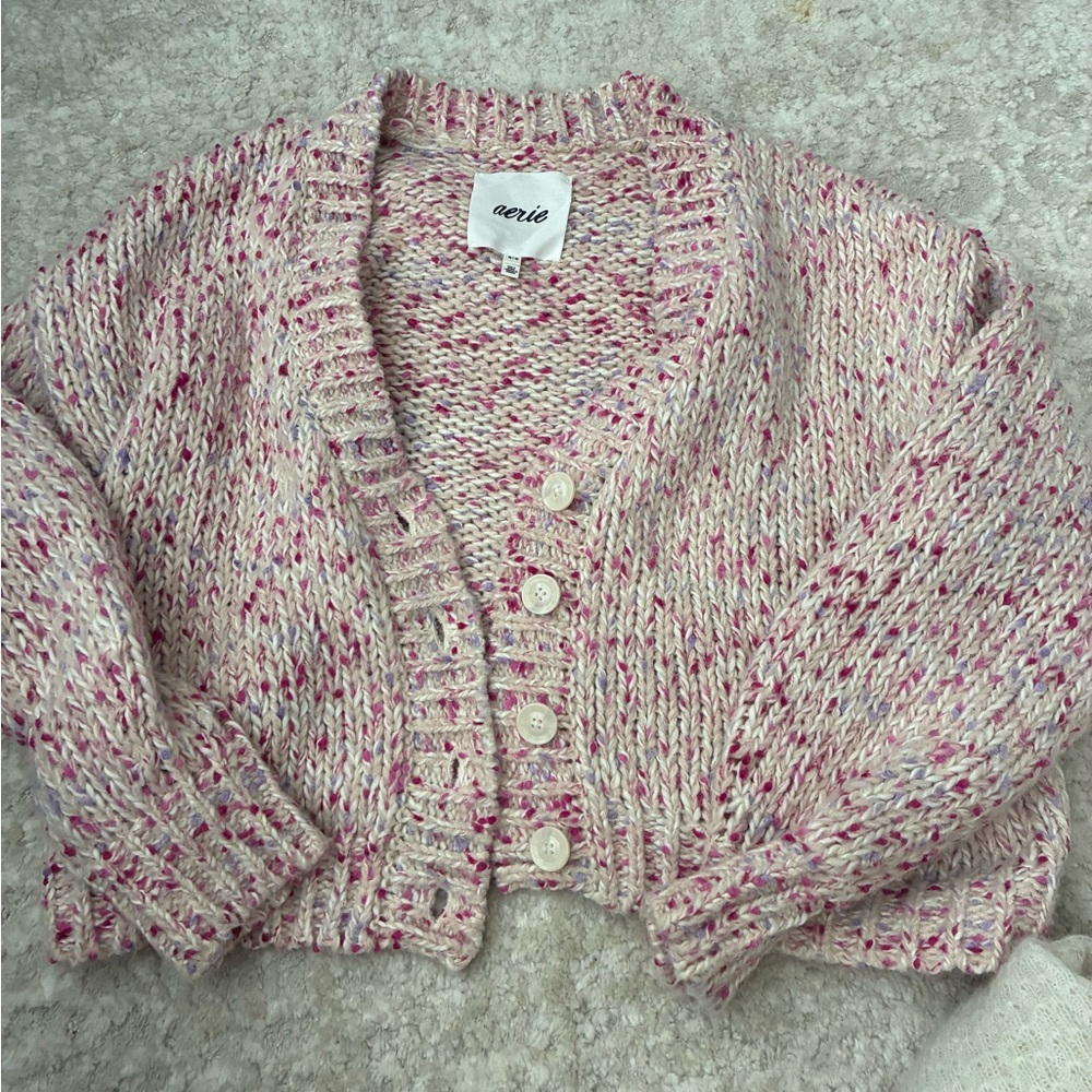 aerie Pink Marled V-Neck Button Cardigan